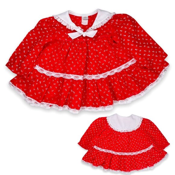 Vintage Peaches 'n Cream Red Floral Full Circle Lace Collared Dress 9m / 12m - Picture 1 of 13